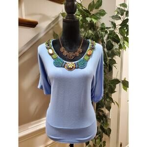 Strazzi Beaded Blue Solid Rayon Round Neck Short Sleeve Top Blouse Size Small